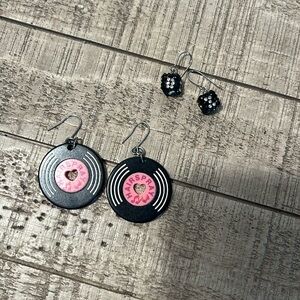 Record shaped earrings and dice earrings